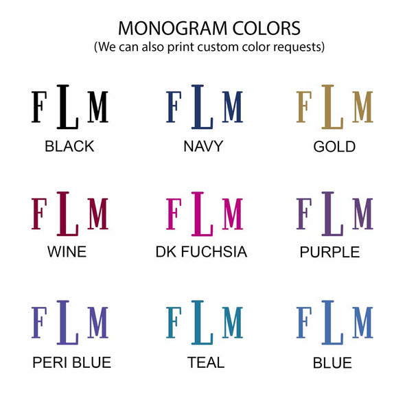 Monogram color options for large canvas tote bag.
