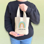Gamma Phi Beta sorority name rainbow design digitally printed on natural mini tote gift bag.