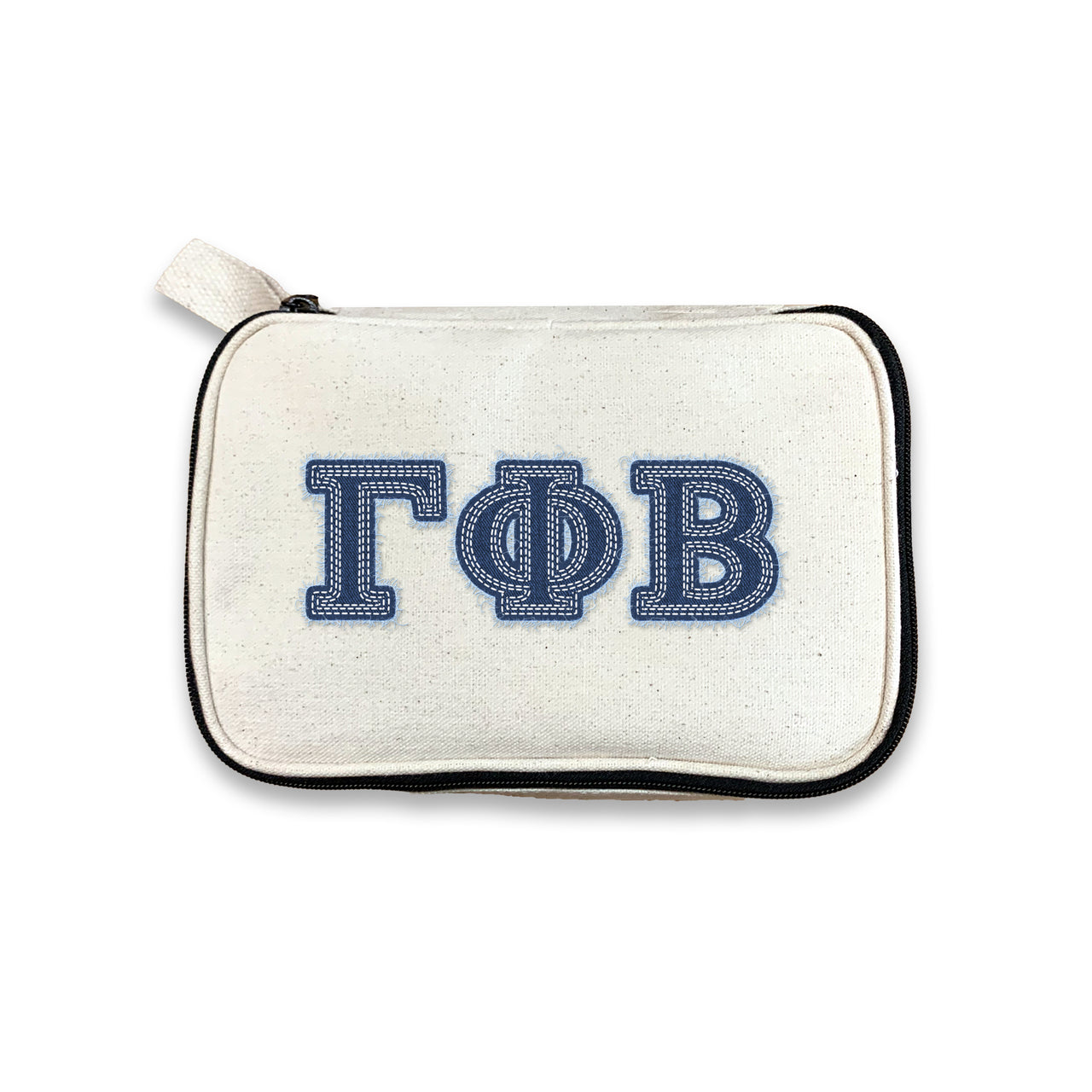 Gamma Phi Beta cosmetic pouch with Gamma Phi Greek letters in denim-style print, shown on white.