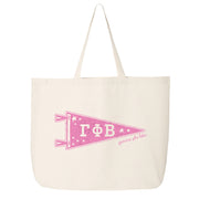 Gamma Phi Beta collegiate pennant large canvas tote bag featuring Gamma Phi Beta Greek letters on a white background