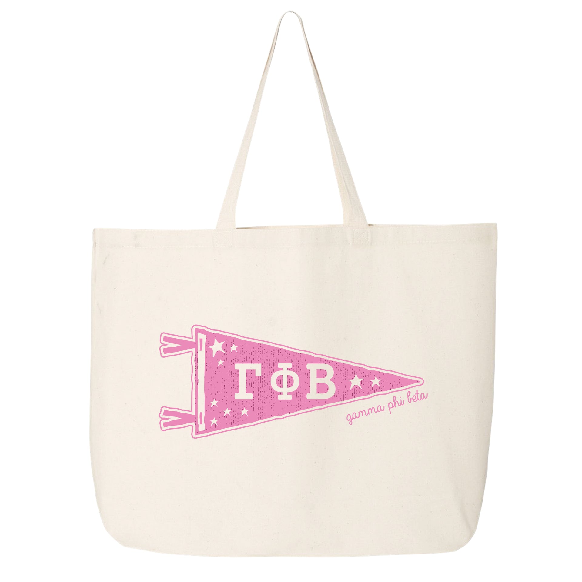 Gamma Phi Beta collegiate pennant large canvas tote bag featuring Gamma Phi Beta Greek letters on a white background