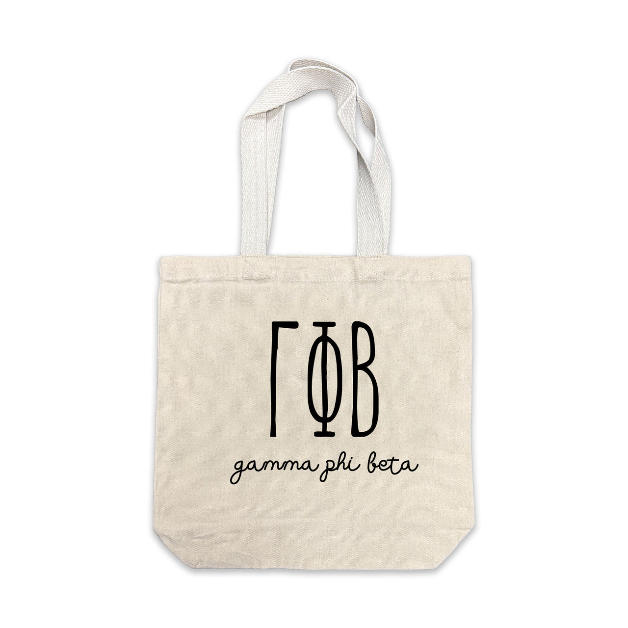 Gamma Phi Beta small canvas tote bag featuring striped Gamma Phi Beta Greek letters on a white background