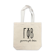 Gamma Phi Beta small canvas tote bag featuring striped Gamma Phi Beta Greek letters on a white background