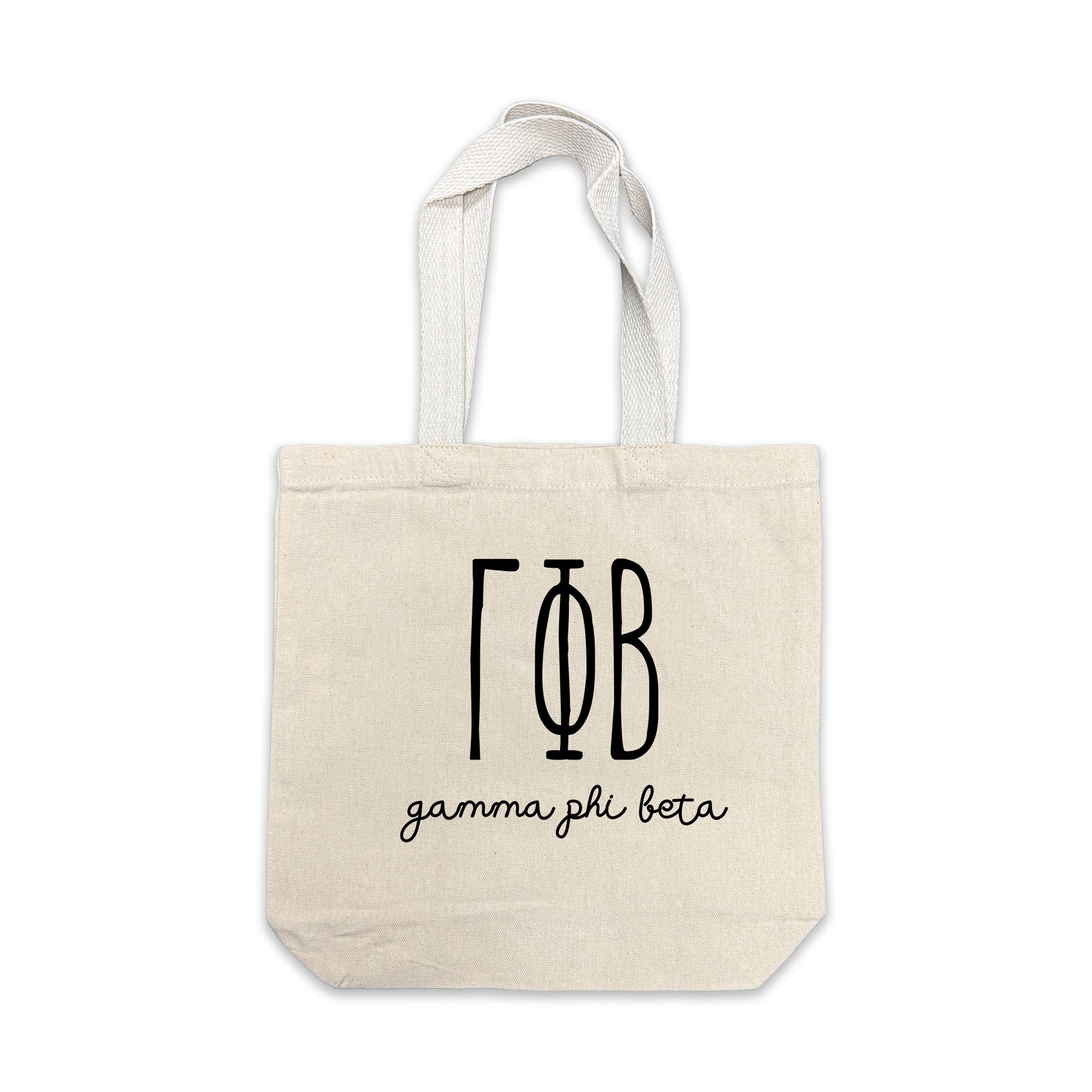 Gamma Phi Beta small canvas tote bag featuring striped Gamma Phi Beta Greek letters on a white background