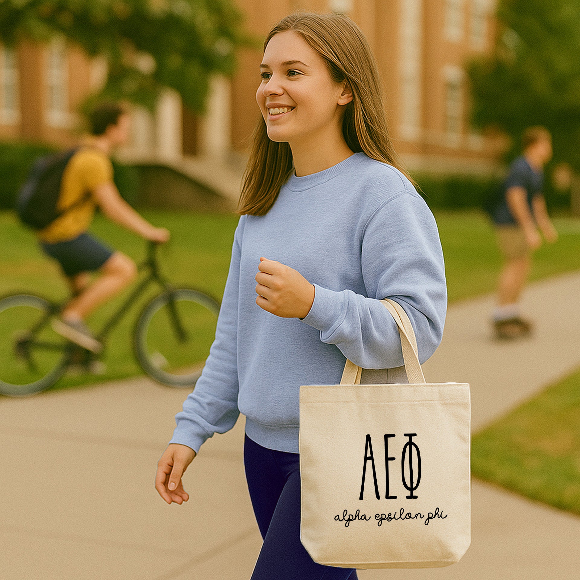 College student carrying an Alpha Epsilon Phi small canvas tote bag with striped Greek letters