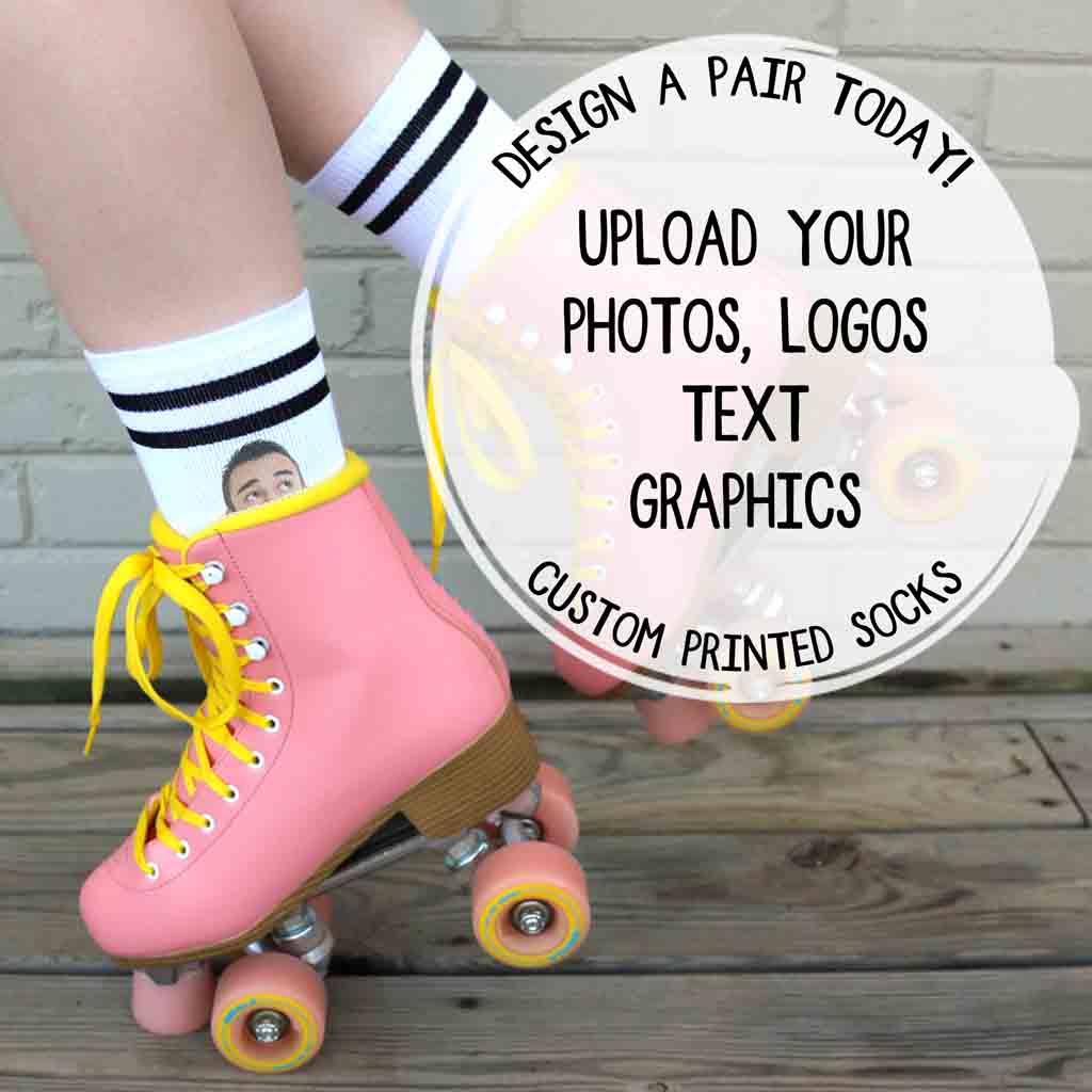 Size medium black stripe crew socks customized with a design shown worn by a woman in roller skates.