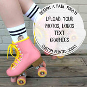 Size medium black stripe crew socks customized with a design shown worn by a woman in roller skates.