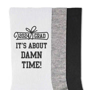Funny 2024 graduation gift socks custom printed with class of 2024 ITS ABOUT DAMN TIME printed on the outsides of both socks make a great gift for your graduating senior.