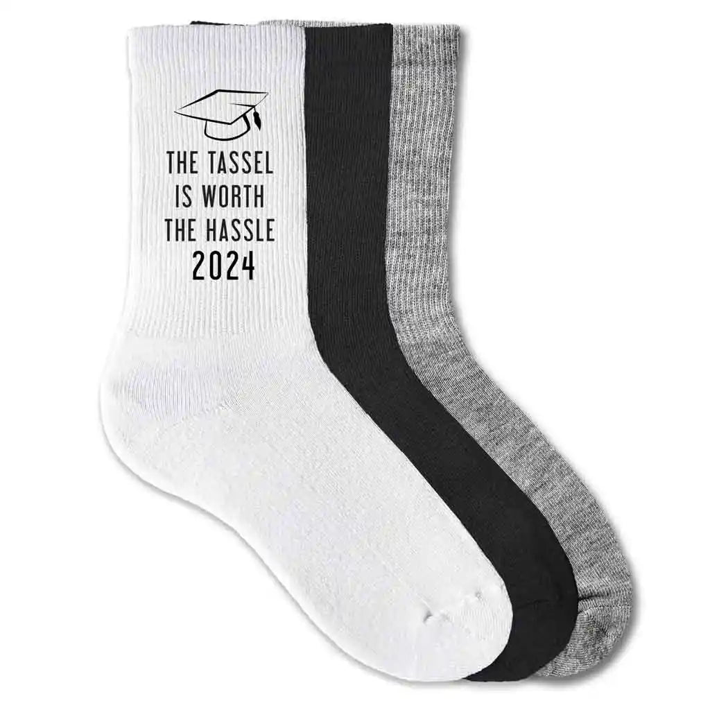 TASSEL IS WORTH THE HASSLE class of 2024 digitally printed on cotton crew socks makes a great gift for the college or high school senior.