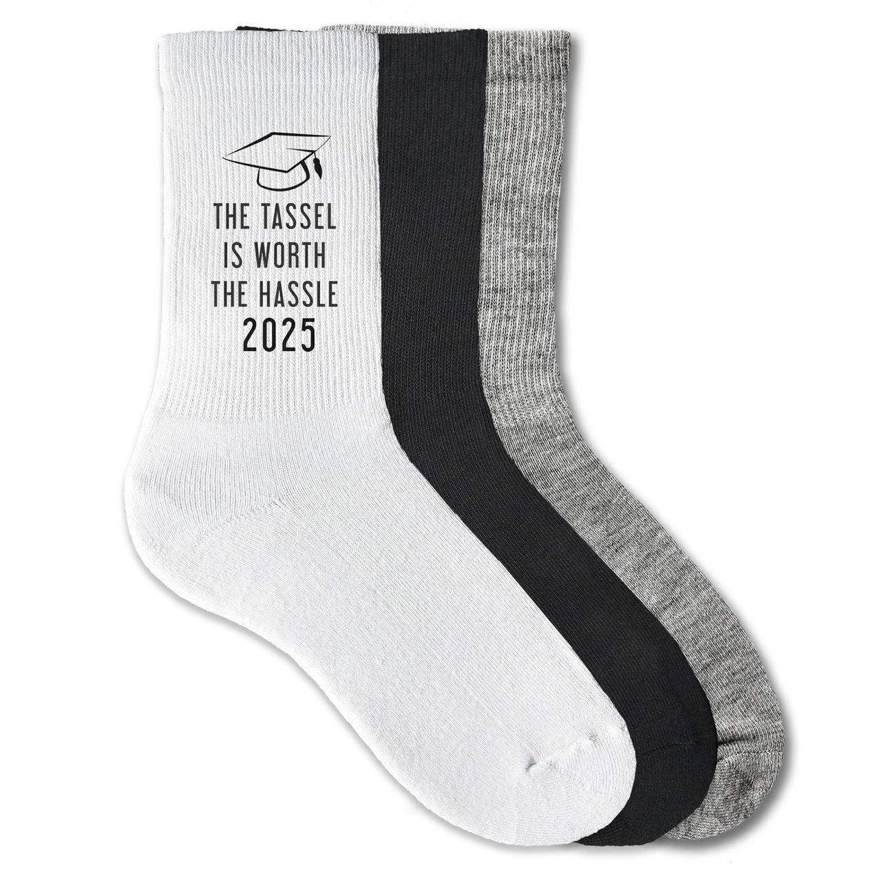 Graduation socks with 'The Tassel is Worth the Hassle' design—perfect gift for the Class of 2025.