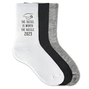 Graduation socks with 'The Tassel is Worth the Hassle' design—perfect gift for the Class of 2025.