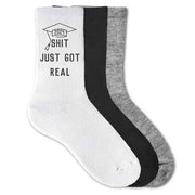 Funny 2024 graduation gift socks custom printed with class of 2024 Sh*T Just Got Real printed on the outsides of both socks make a great gift for your graduating senior.