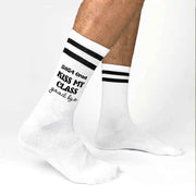 Funny 2024 graduation gift socks custom printed with class of 2024 KISS MY CLASS GOODBYE printed on the outsides of both socks make a great gift for your graduating senior.