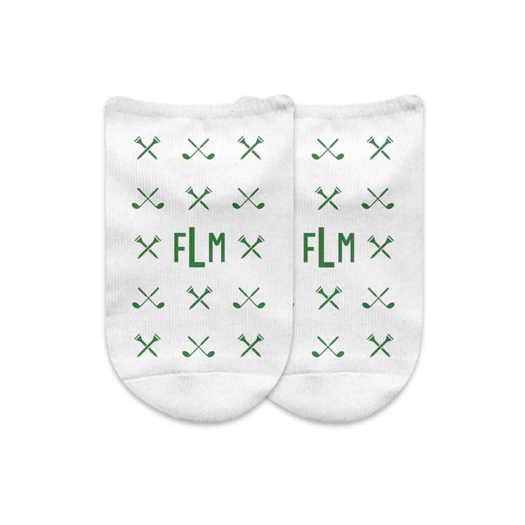 Monogram golf socks design custom printed on white cotton no show socks in a three pair gift box set.