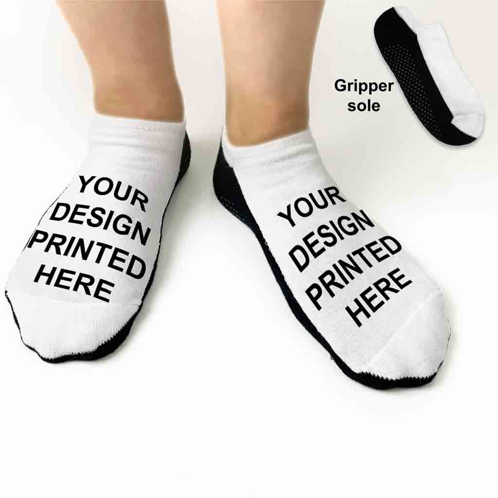 Create custom printed no show socks with gripper bottoms.