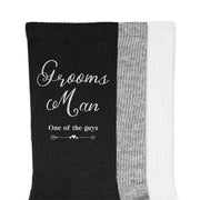 Funny grooms man socks wedding role digitally printed with a fun saying one of the guys design printed on the outside of both socks.