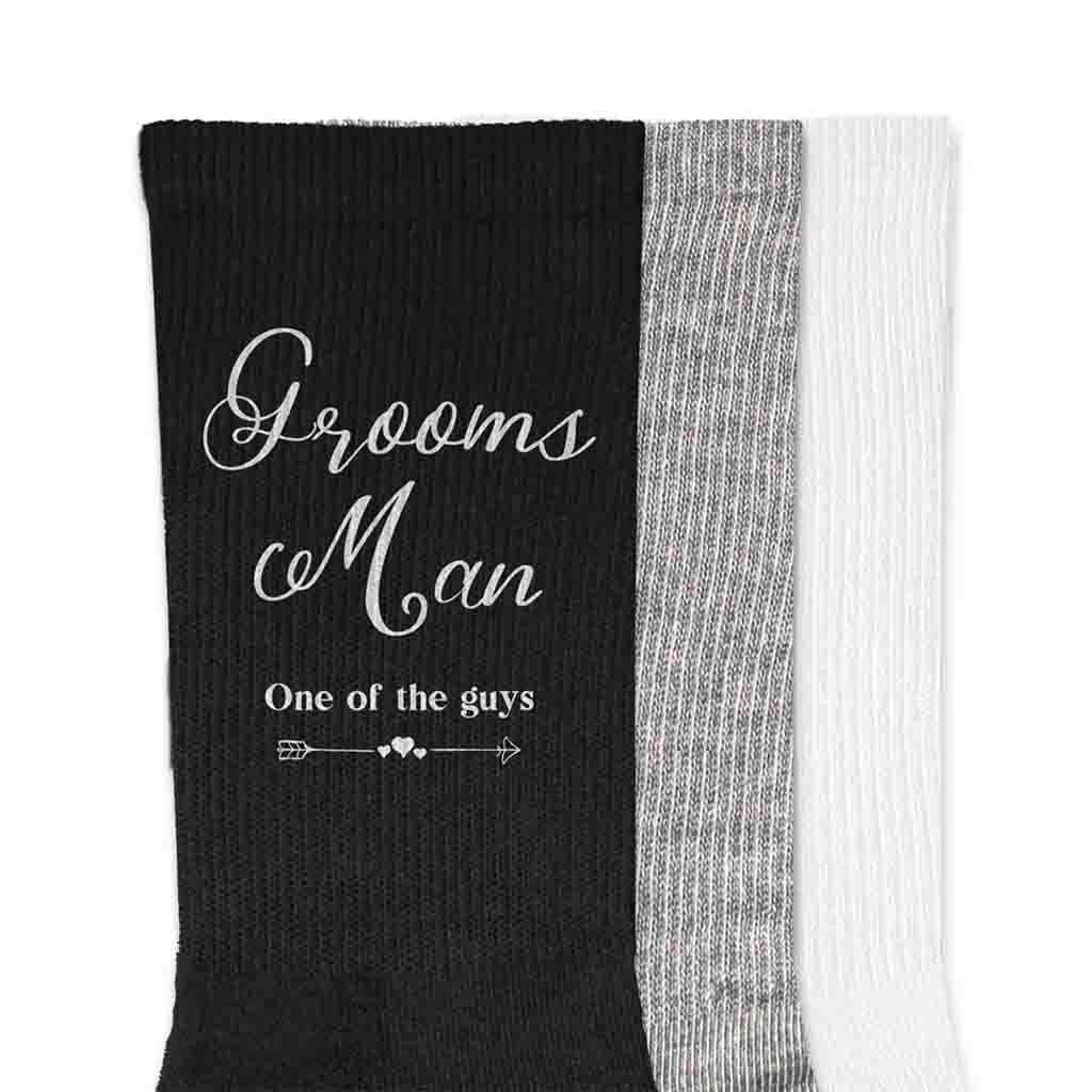 Funny grooms man socks wedding role digitally printed with a fun saying one of the guys design printed on the outside of both socks.