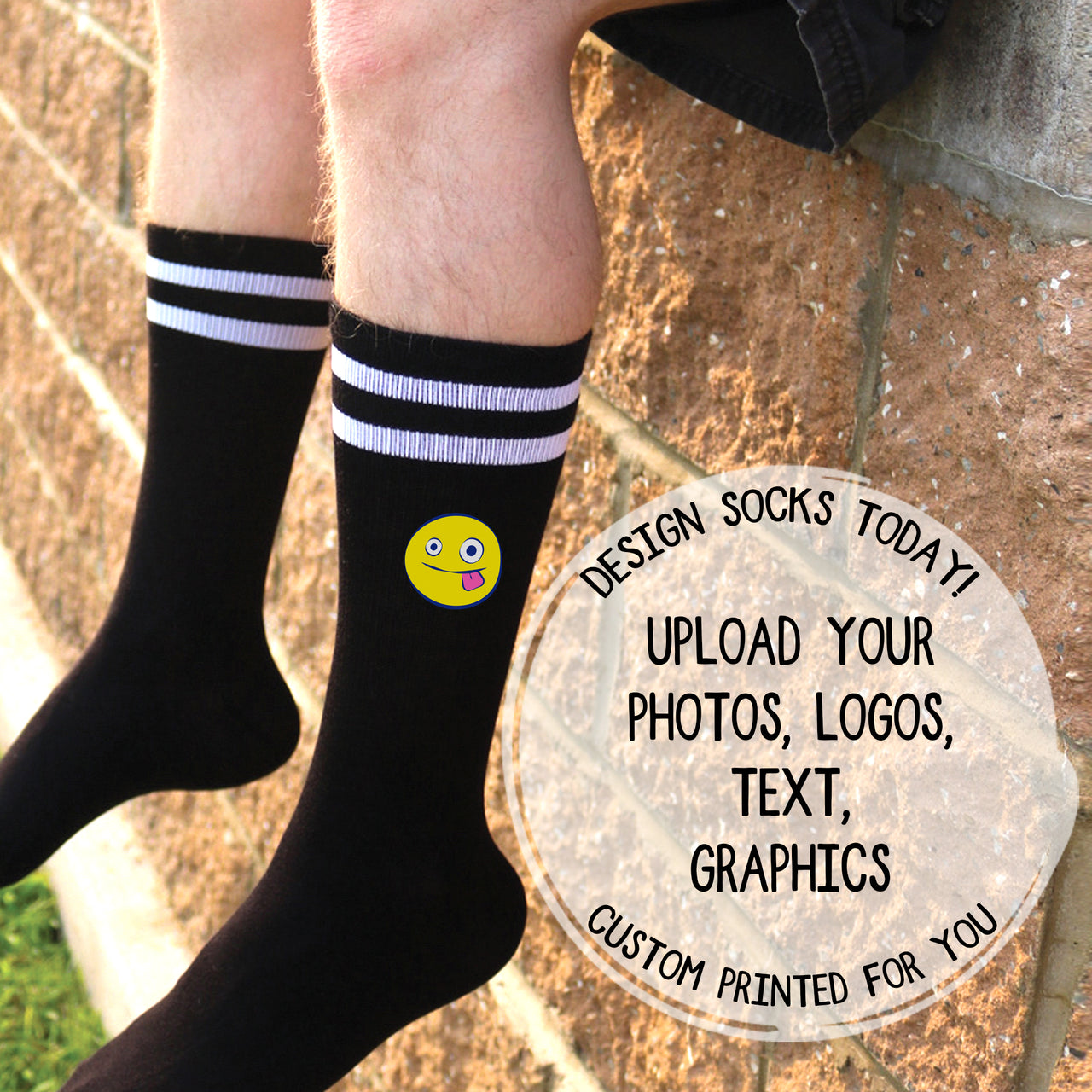 Size large black stripe crew socks designed for full customization—perfect for adding photos, text, or logos.