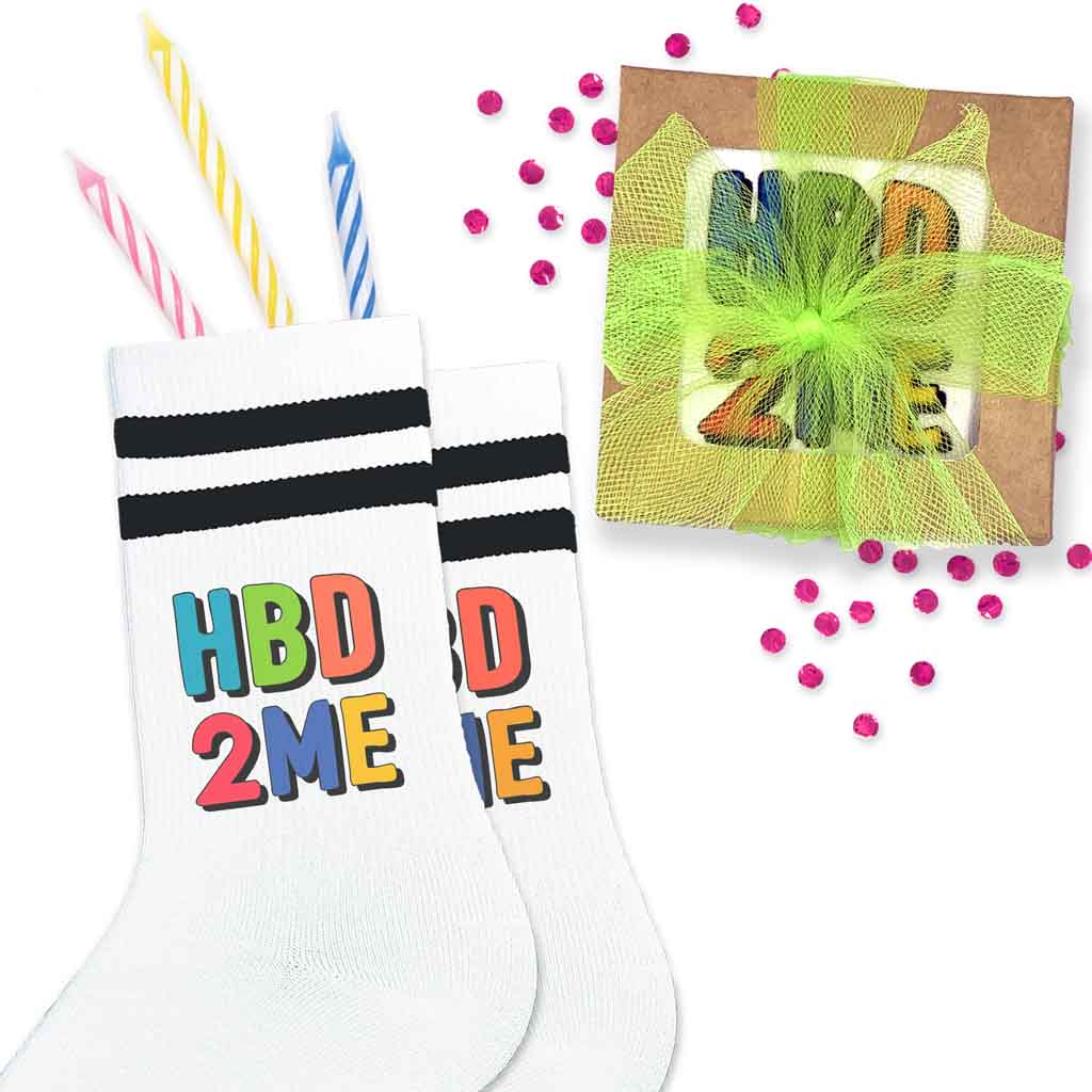 Happy Birthday to Me fun socks for your birthday printed on the outsides of the white socks with black stripes.