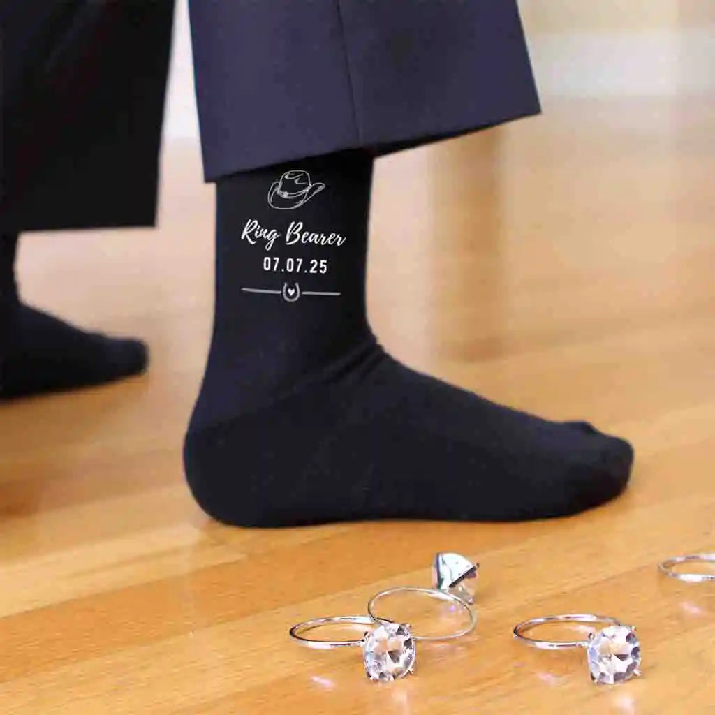Rustic cowboy hat western design custom printed on flat knit dress socks personalized with your wedding date and role.