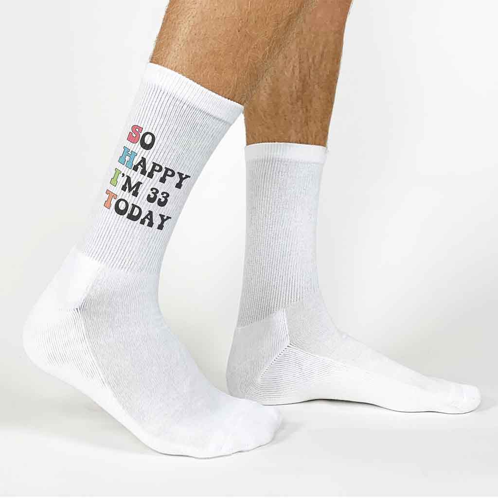 Birthday socks custom printed with your age digitally printed on white cotton crew socks.