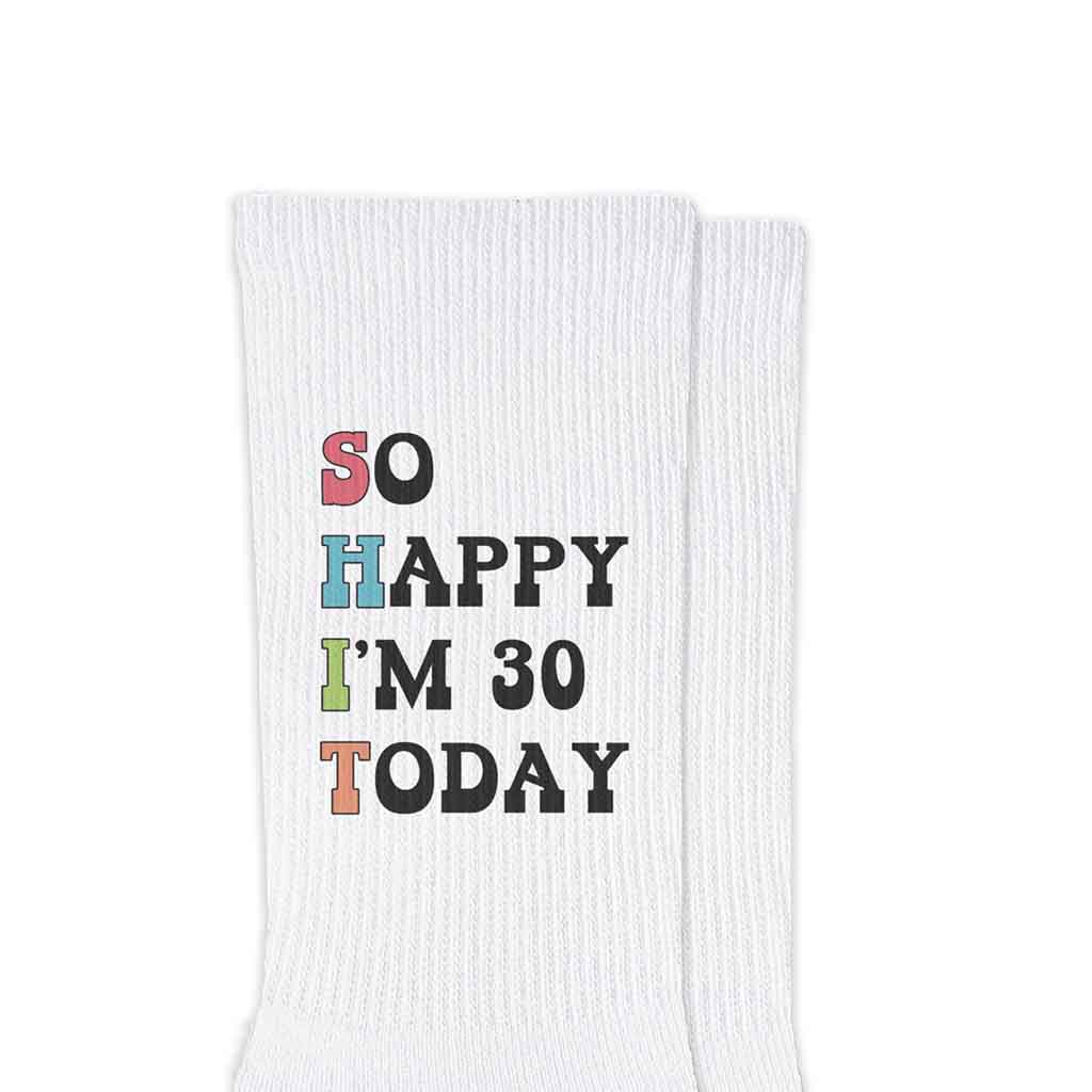 Fun birthday socks for adults personalized with your age custom printed on the outside of white cotton crew socks.