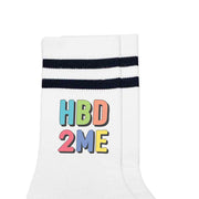 HBD 2ME happy birthday to me digitally printed on white socks with black stripes with a gift box.