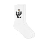 White cotton crew socks custom printed with birthday design and your year born and a gift box included.