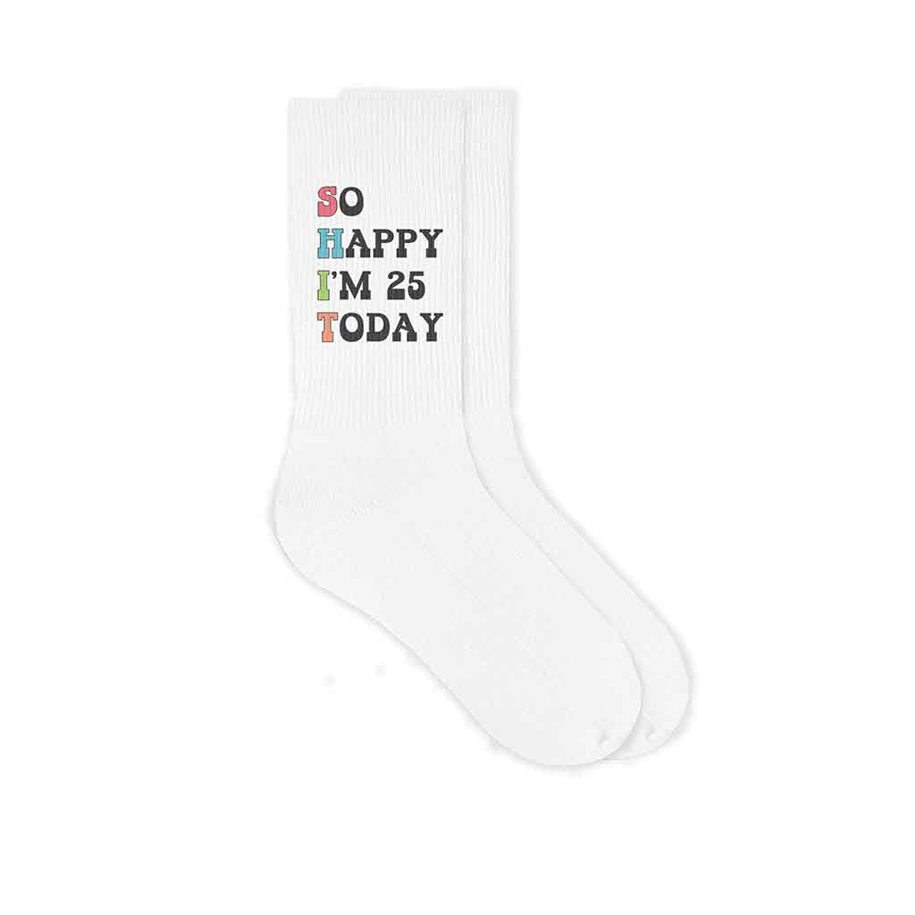 Funny birthday socks for adults personalized with your age printed on white cotton crew socks.