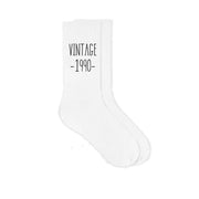 Vintage design birthday socks custom printed with your year born on white cotton crew socks.