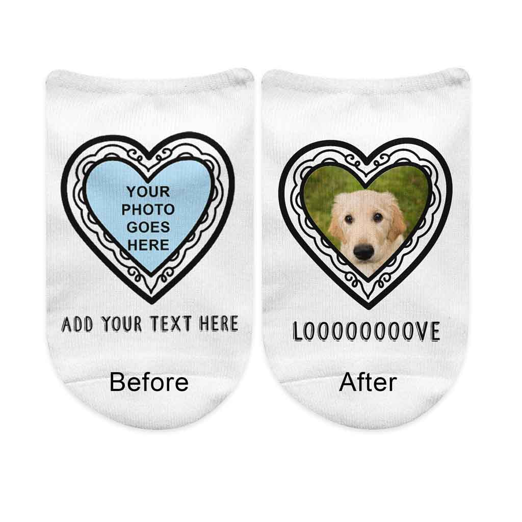 Heart frame design custom printed and personalized with your own photo and text on white cotton no show socks.