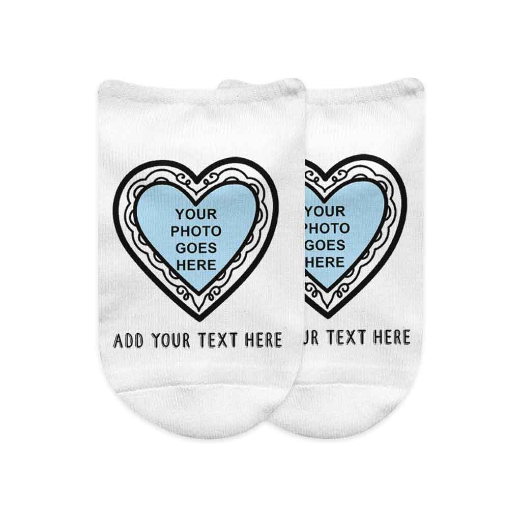 Heart frame design digitally printed on no show socks personalized with your own photo and text.