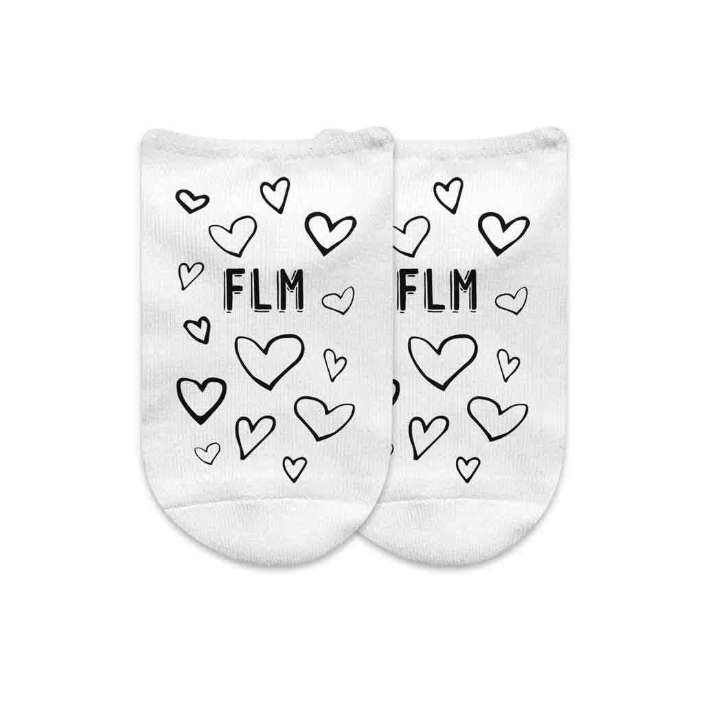 All over hearts design custom printed on white cotton no show socks personalized with your initials in a three pair gift box set.