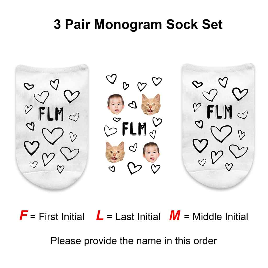 Three pair monogram socks digitally printed hearts and faces design with your initials on white cotton no show socks.