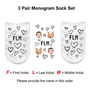 Three pair monogram socks digitally printed hearts and faces design with your initials on white cotton no show socks.