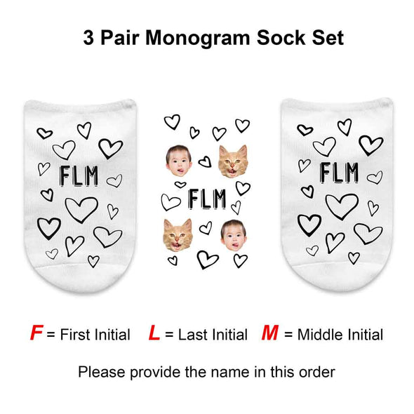Monogrammed Socks with a Face and Heart Design