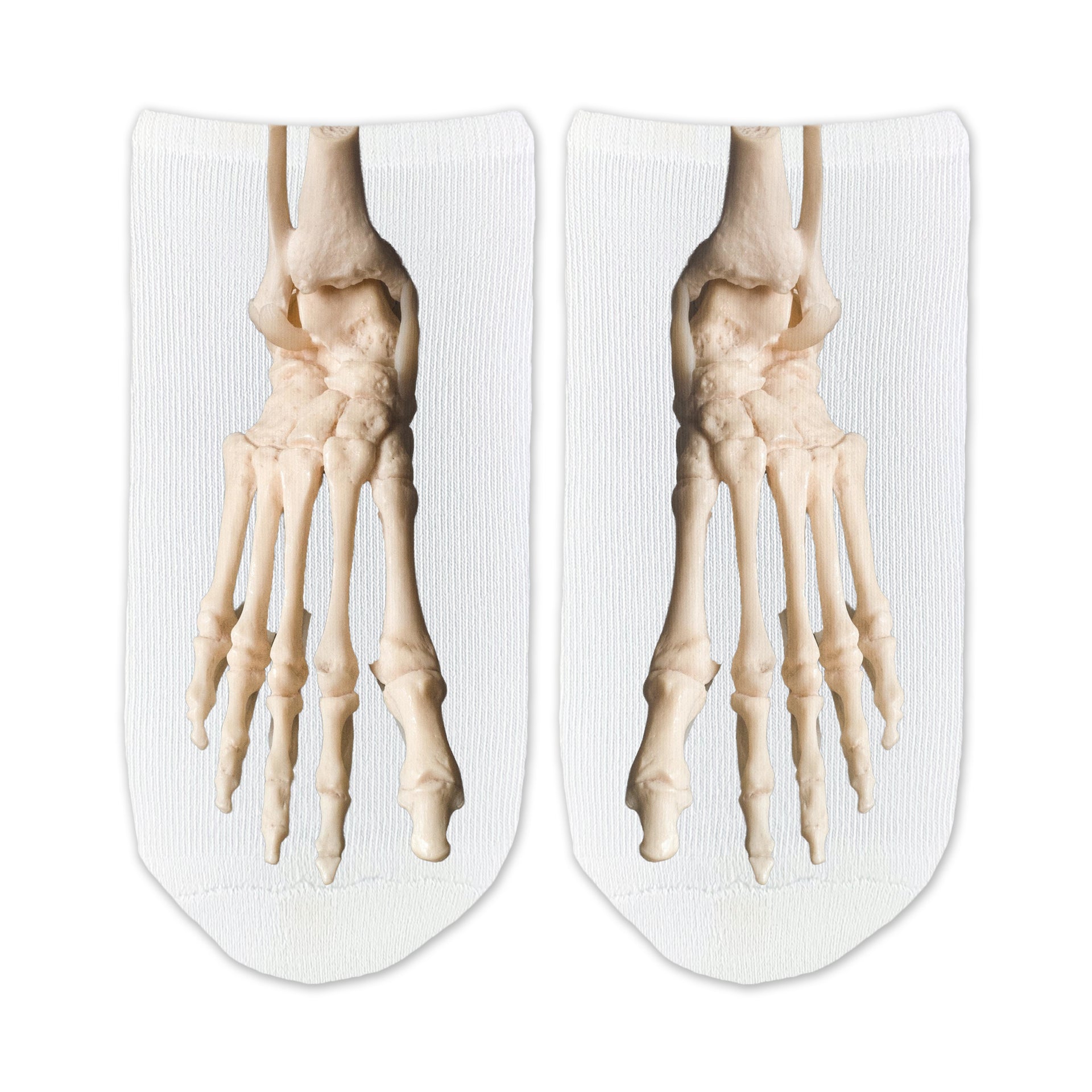 Foot bones anatomy no show socks with realistic skeleton design printed on top of white socks