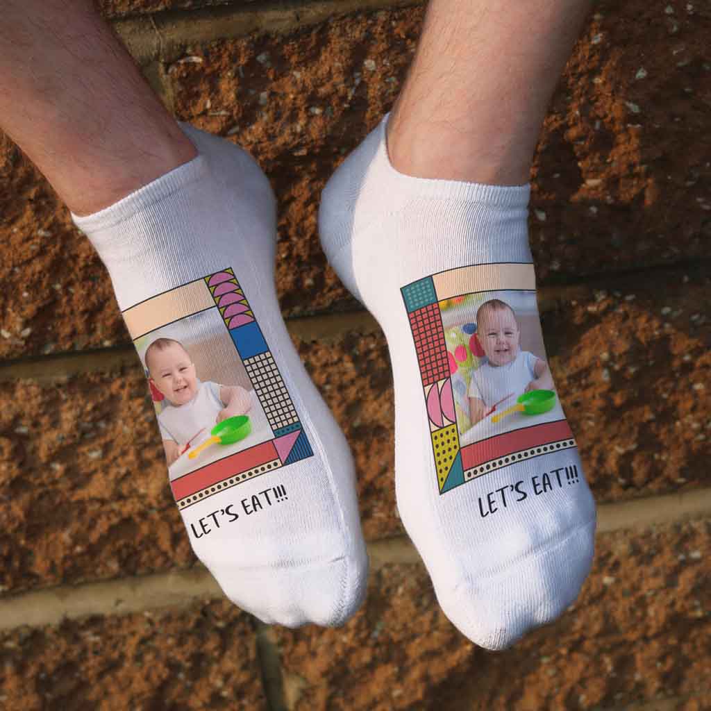 White cotton no show socks custom printed with colorful mod frame design and personalized with your own photo and text.