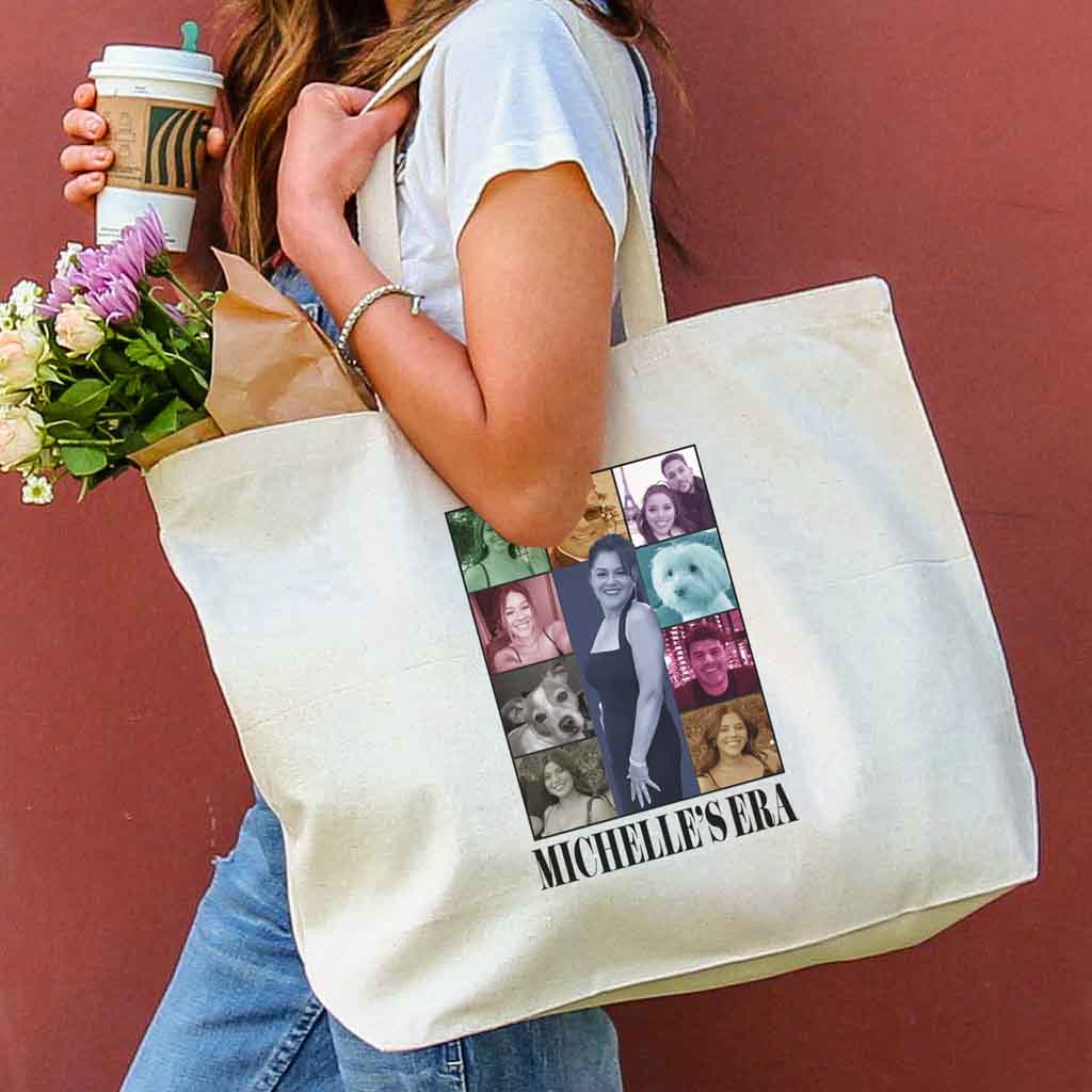 Vibrant Swiftie-style tote bag featuring personalized Mom Eras Tour memories with your  photos.Premium Swiftie-style tote: A tribute to your Taylor Swift love and your mom Era memories.