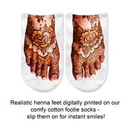 Boho henna tattoo socks with detailed henna-style artwork printed across the top of each foot