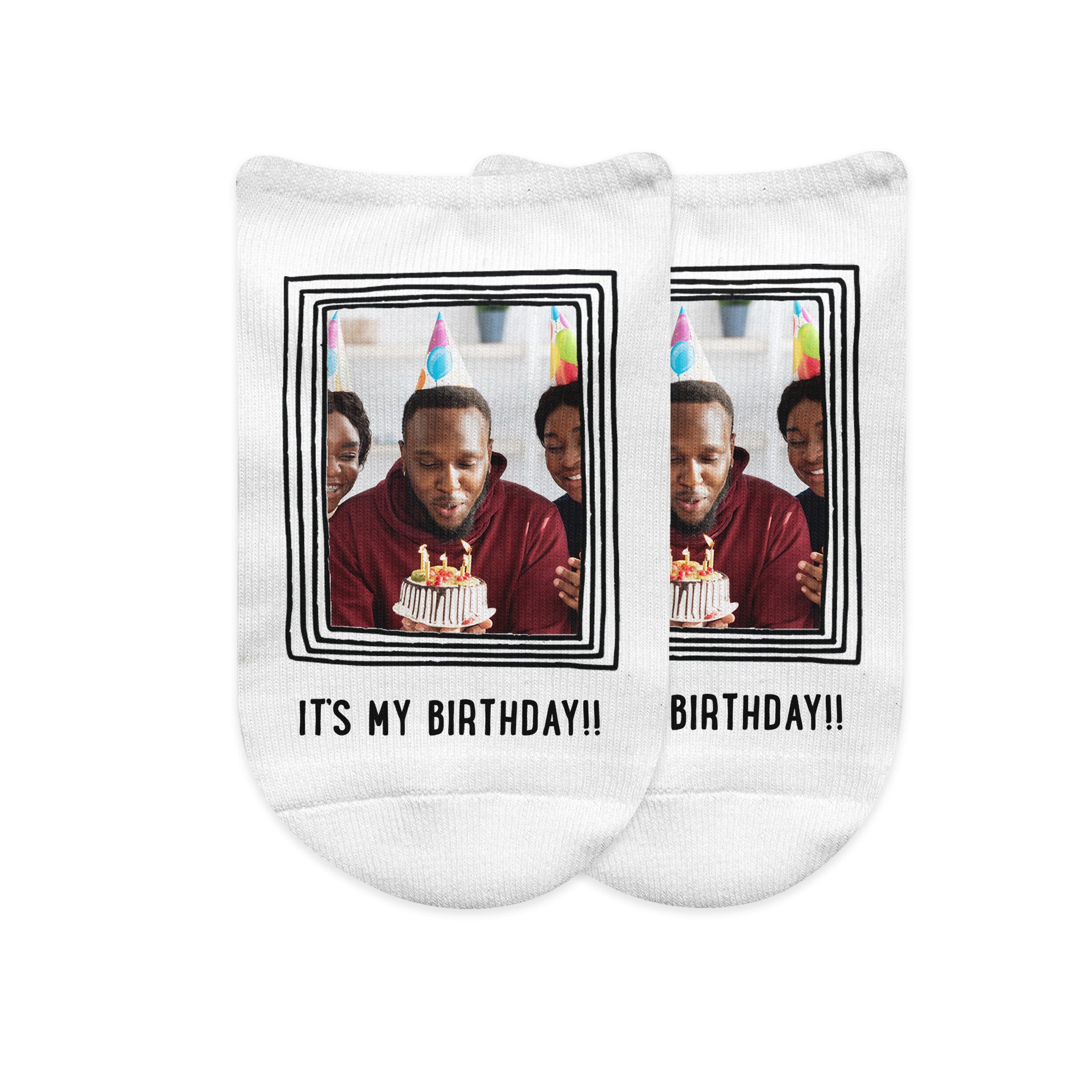 Custom printed comfy white cotton no show socks with your framed doodle design and your own photo and text printed on the top of the socks.