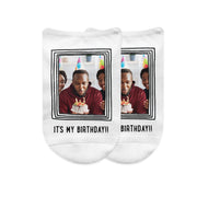 Custom printed comfy white cotton no show socks with your framed doodle design and your own photo and text printed on the top of the socks.