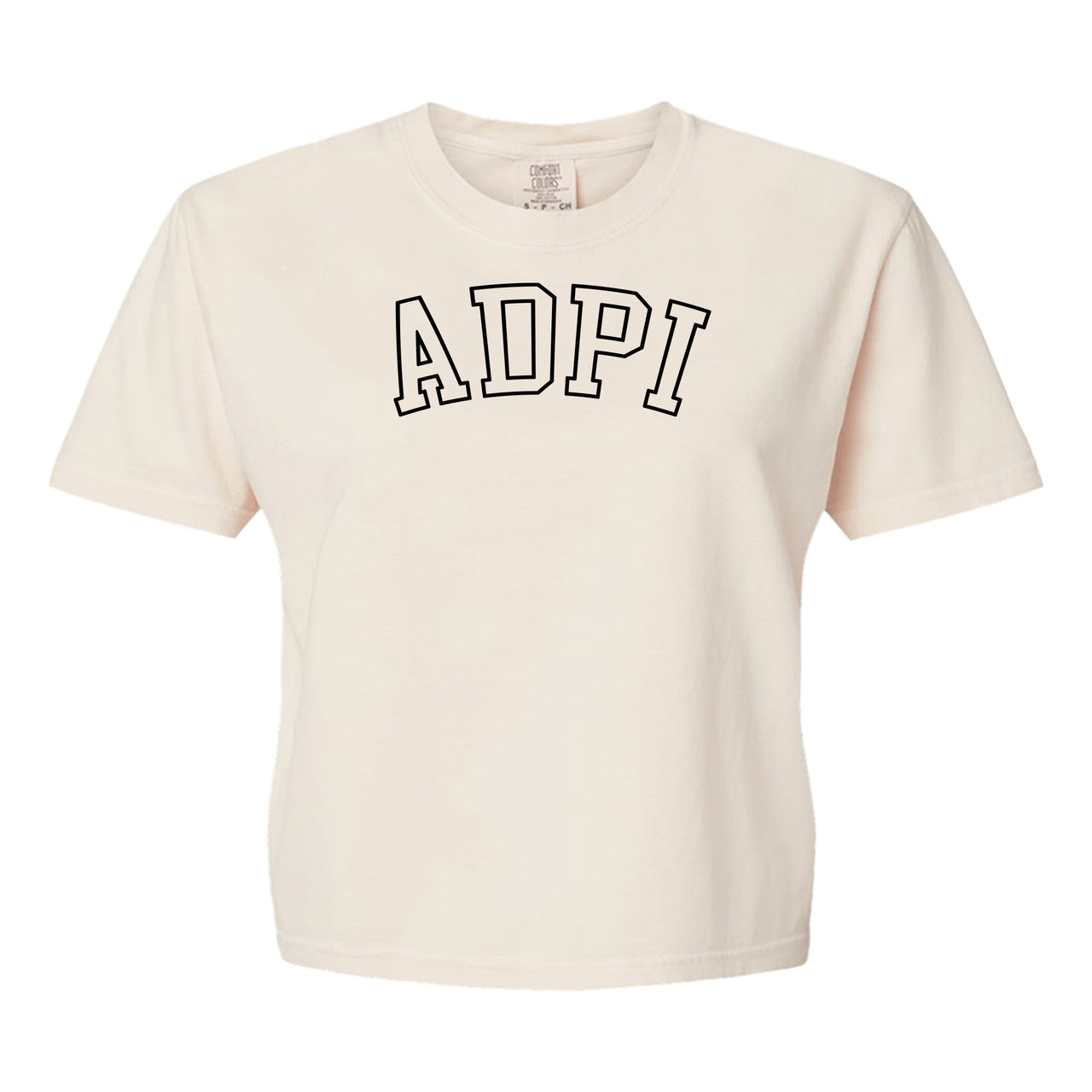 Alpha Delta Pi Comfort Colors boxy crop t-shirt featuring the sorority name in block letters 