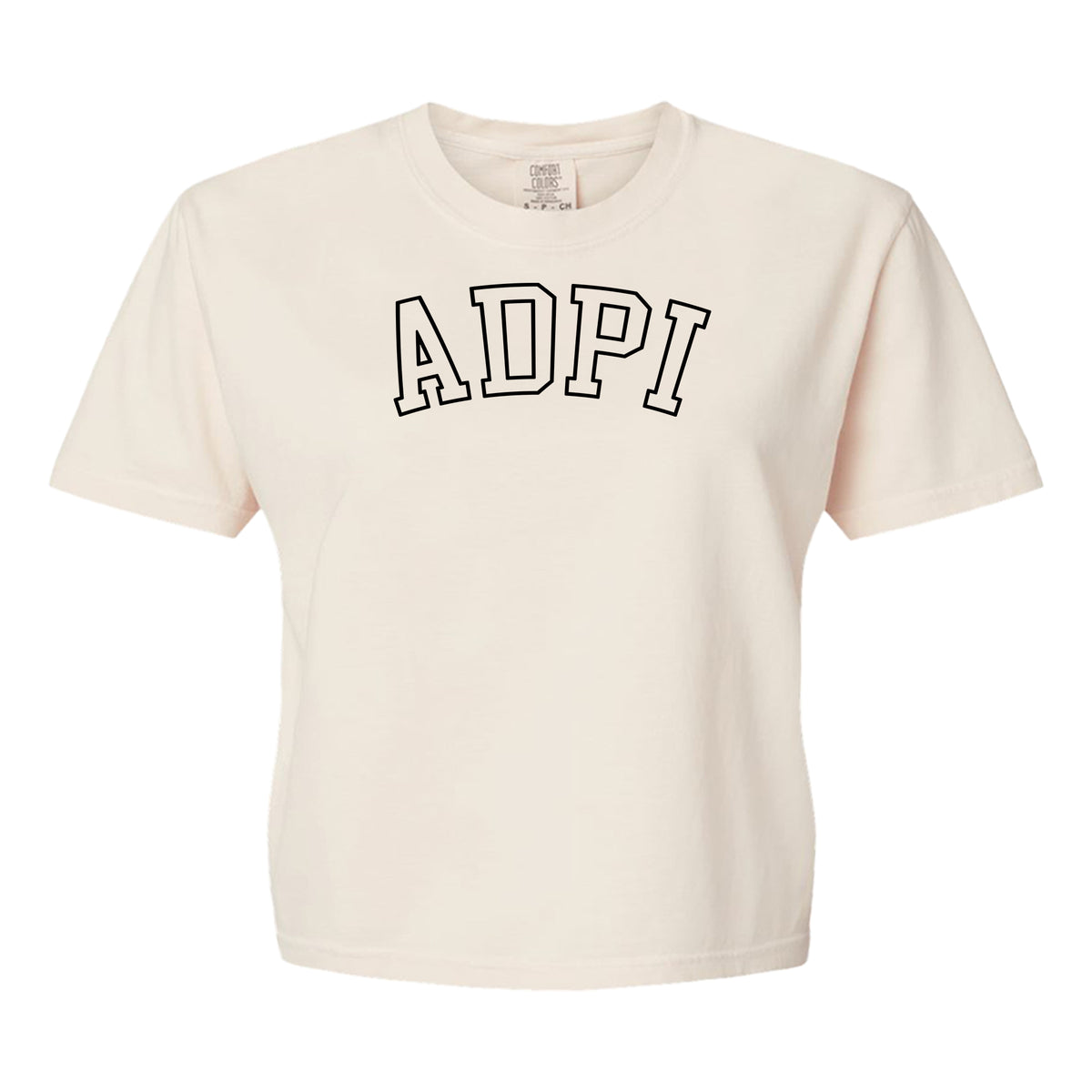 Alpha Delta Pi Comfort Colors boxy crop t-shirt featuring the sorority name in block letters 