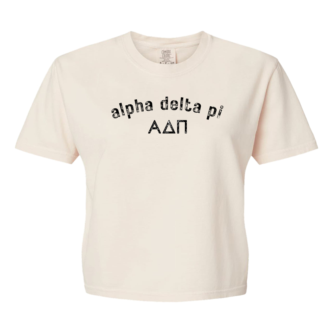 Alpha Delta Pi Comfort Colors boxy crop t-shirt featuring the sorority name and Greek letters design