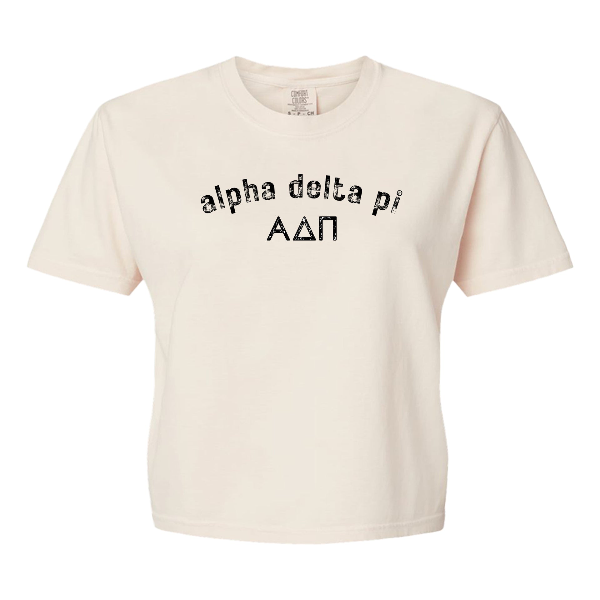Alpha Delta Pi Comfort Colors boxy crop t-shirt featuring the sorority name and Greek letters design