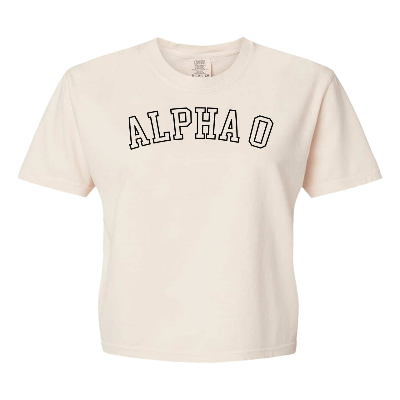 Alpha Omicron Pi Comfort Colors boxy crop t-shirt featuring the sorority name in block letters 