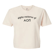 Alpha Omicron Pi Comfort Colors boxy crop t-shirt featuring the sorority name and Greek letters design