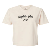 Alpha Phi Comfort Colors boxy crop t-shirt featuring the sorority name and Greek letters design