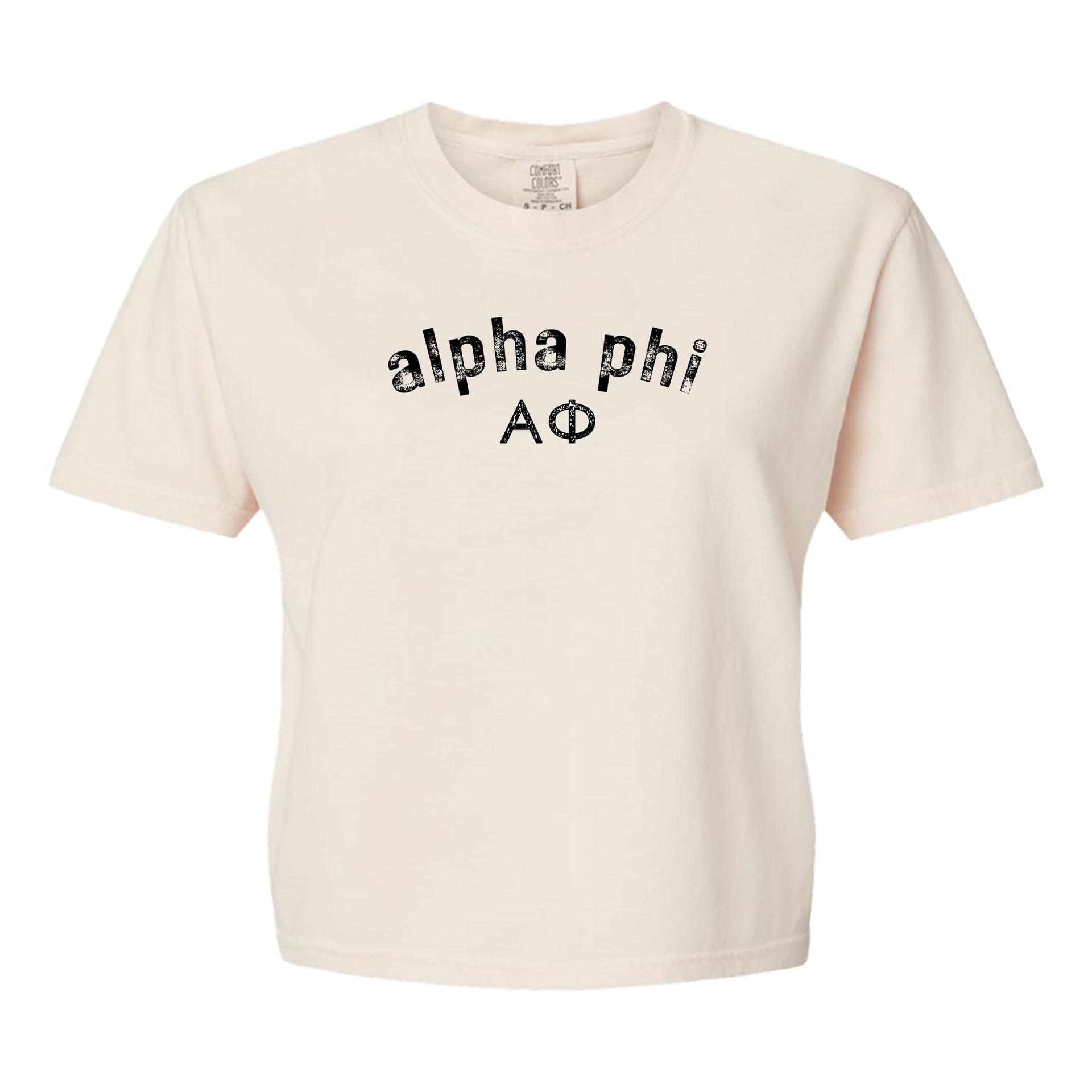Alpha Phi Comfort Colors boxy crop t-shirt featuring the sorority name and Greek letters design